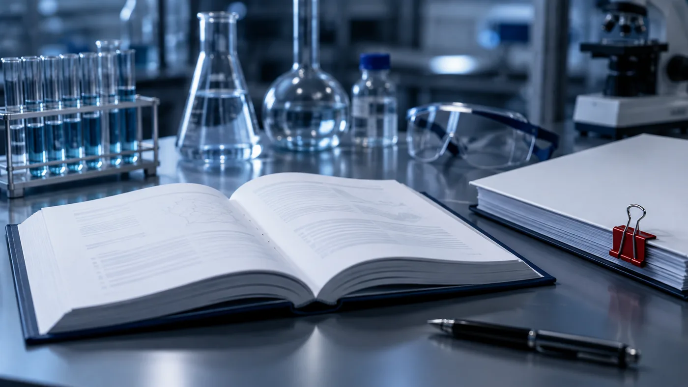 An open reference book on a laboratory bench with test tubes, flasks, and safety goggles — chemical compliance glossary