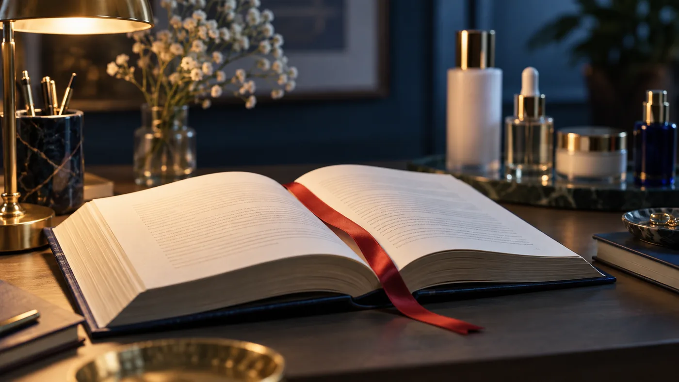 An open reference book with a red ribbon bookmark, elegant cosmetic products softly blurred in the background — cosmetics regulatory glossary