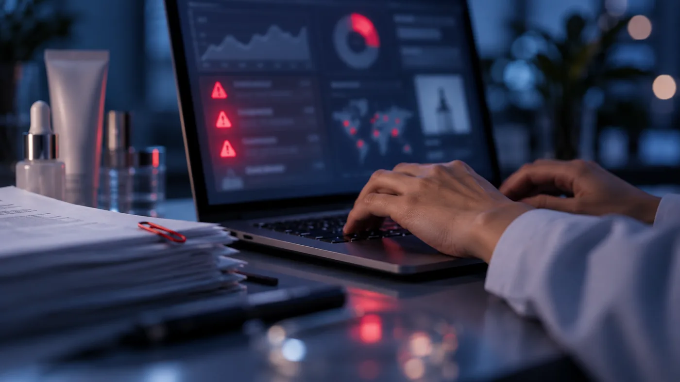 Monitoring dashboard with adverse-effect alerts, next to cosmetic products on a desk — cosmetovigilance tracking