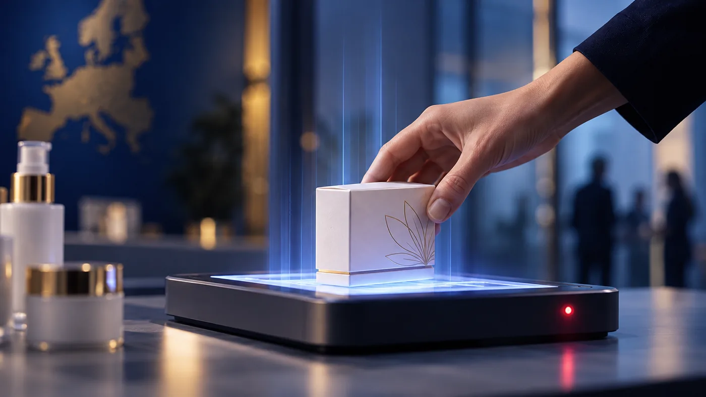 A cosmetic product box placed on a glowing digital scanning portal, EU map silhouette in the background — CPNP electronic notification