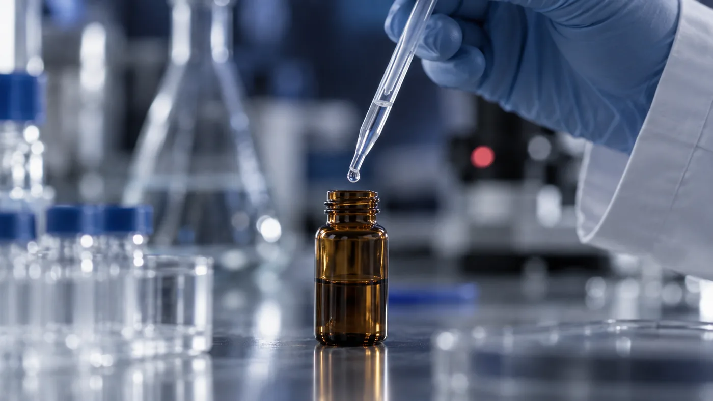 Laboratory pipette dispensing a sample into an amber glass vial — cosmetic product safety testing