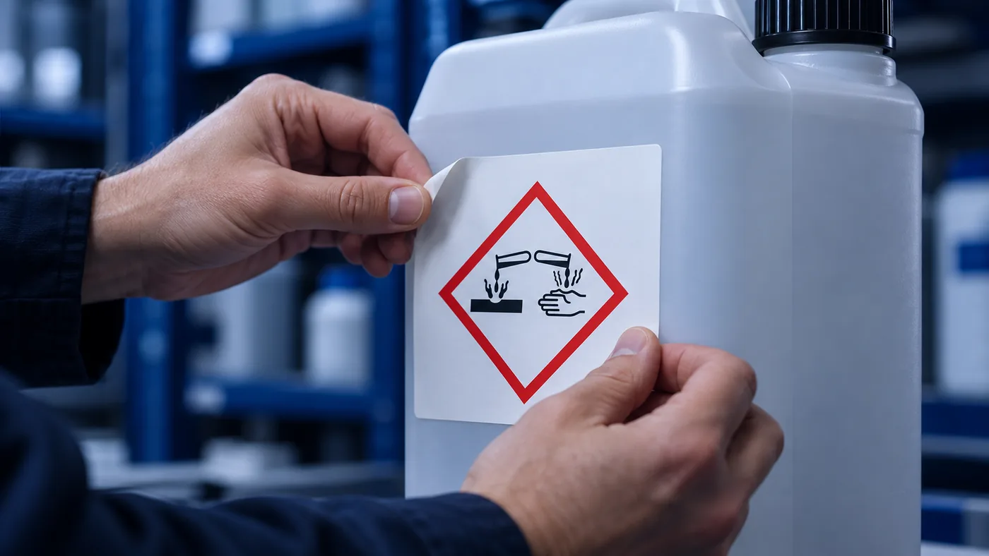 Hands applying a GHS corrosion hazard pictogram label onto a chemical container — CLP labelling application
