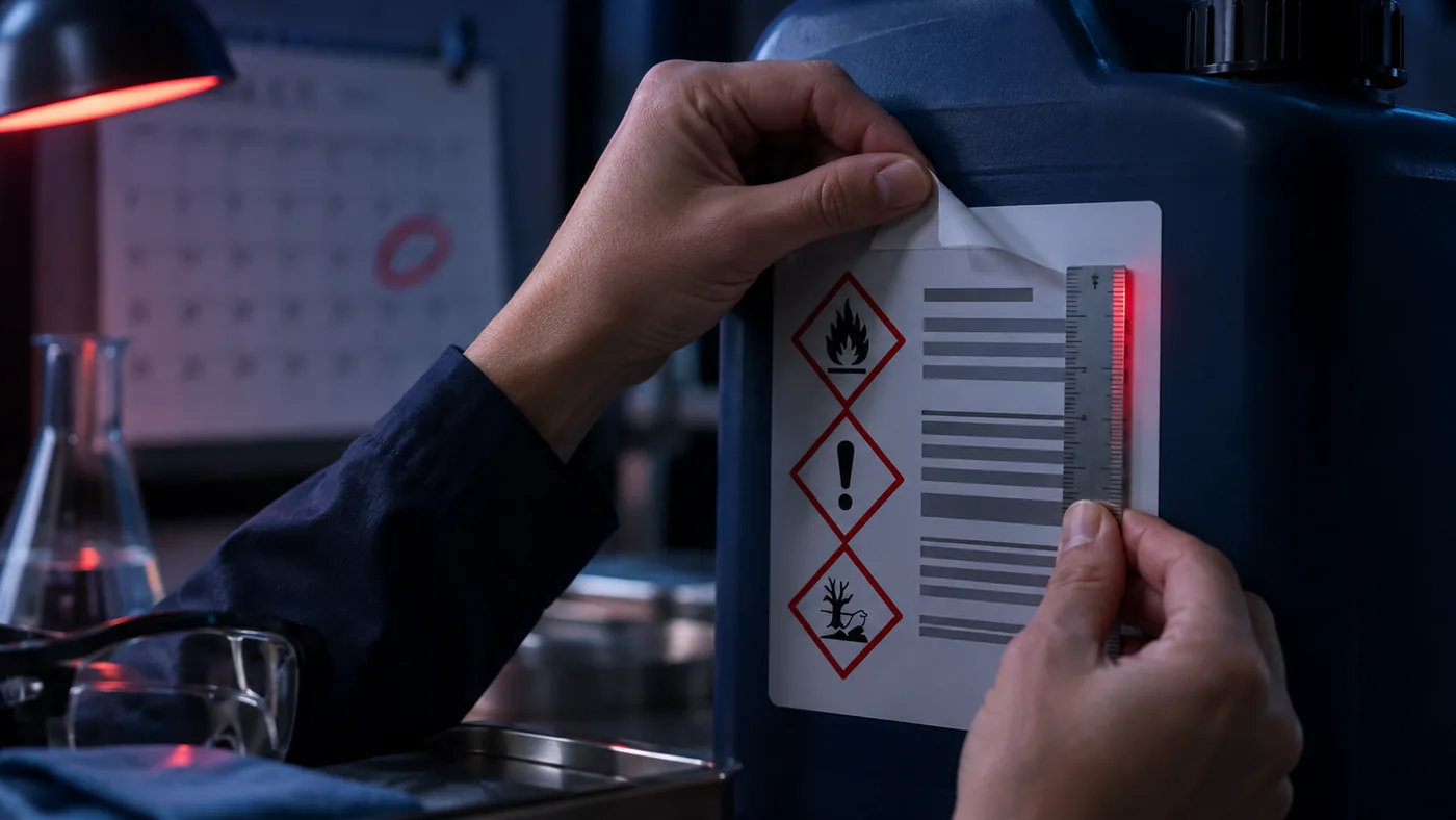 Hands measuring and applying a hazard label to a chemical container with a ruler, calendar with a marked deadline in the background — CLP label format compliance