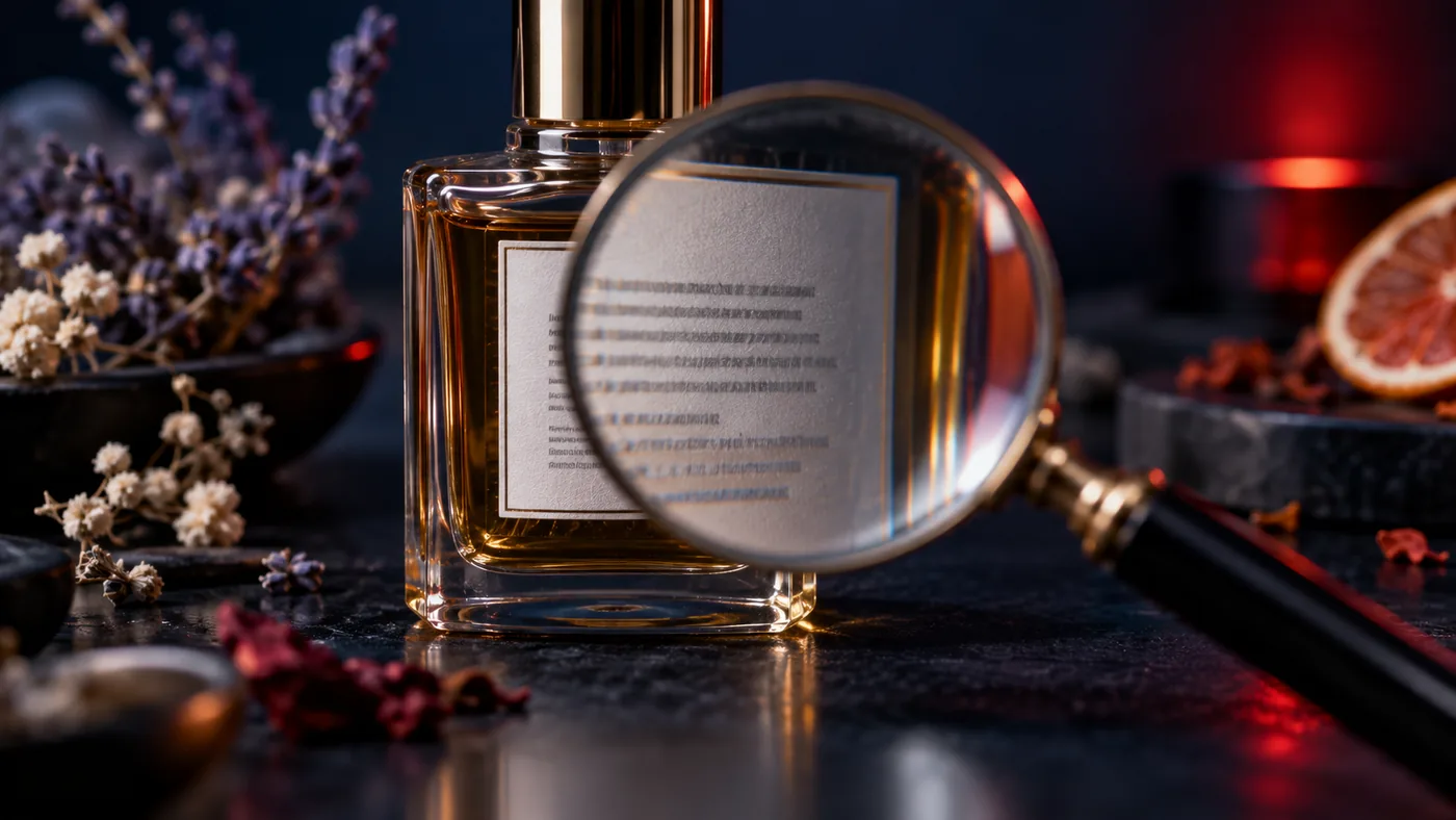 A magnifying glass over a perfume bottle's ingredient label, dried flowers and citrus in the background — fragrance allergen inspection