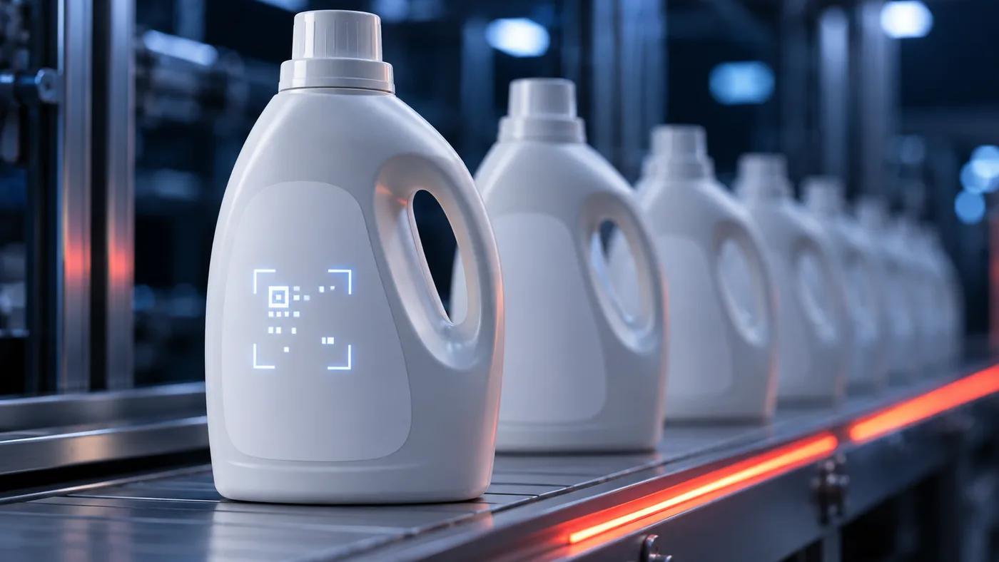 Row of detergent bottles on a production line, the nearest bottle displaying a digital QR-code overlay — Digital Product Passport ready