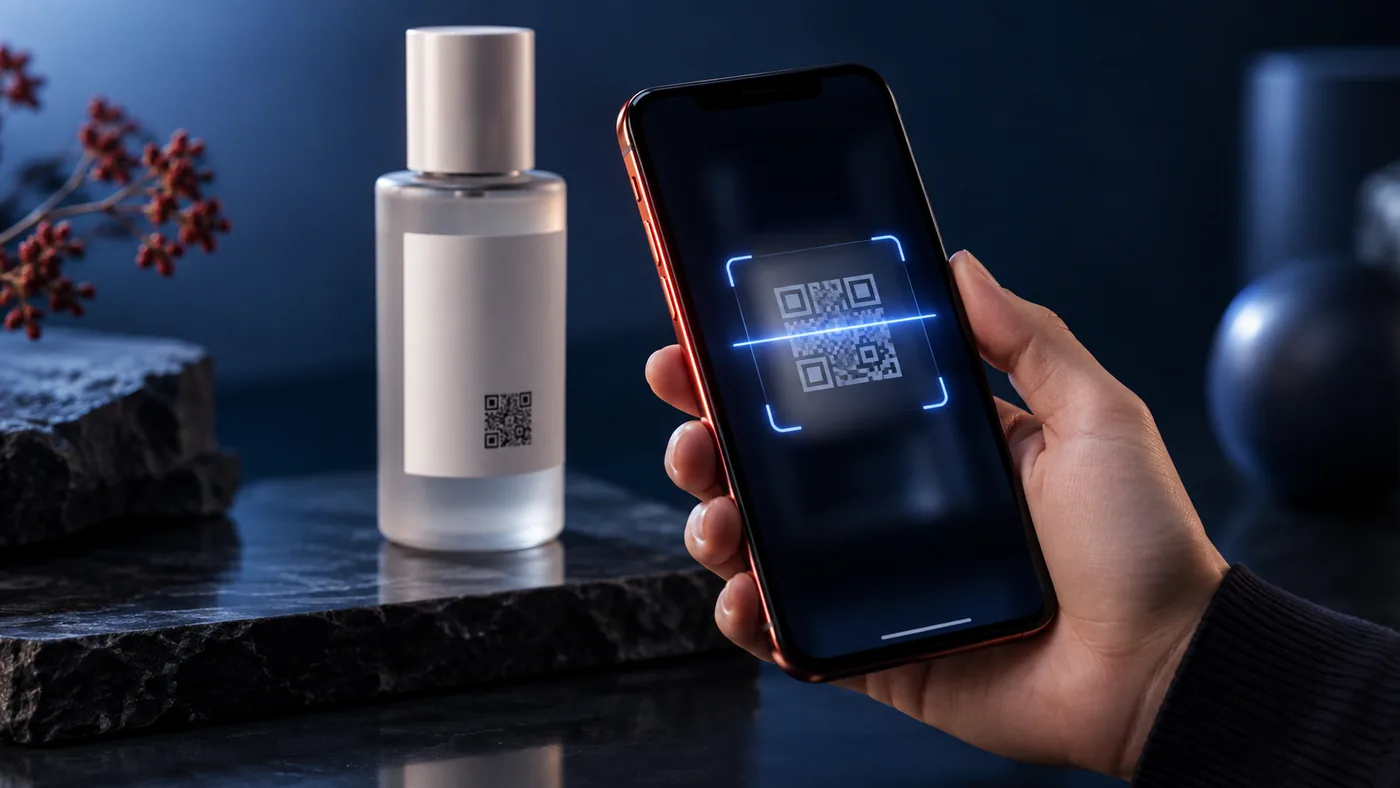 A smartphone scanning a QR code on a cosmetic product label — Digital Product Passport verification