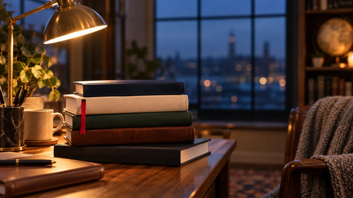 A stack of leather-bound reference books on a desk with a warm lamp, evening city skyline in the background — regulatory knowledge base