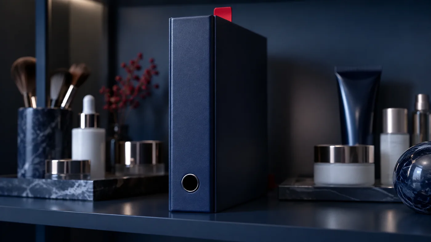 Navy blue archival dossier binder with red bookmark tab, cosmetic products in the background — Product Information File custody