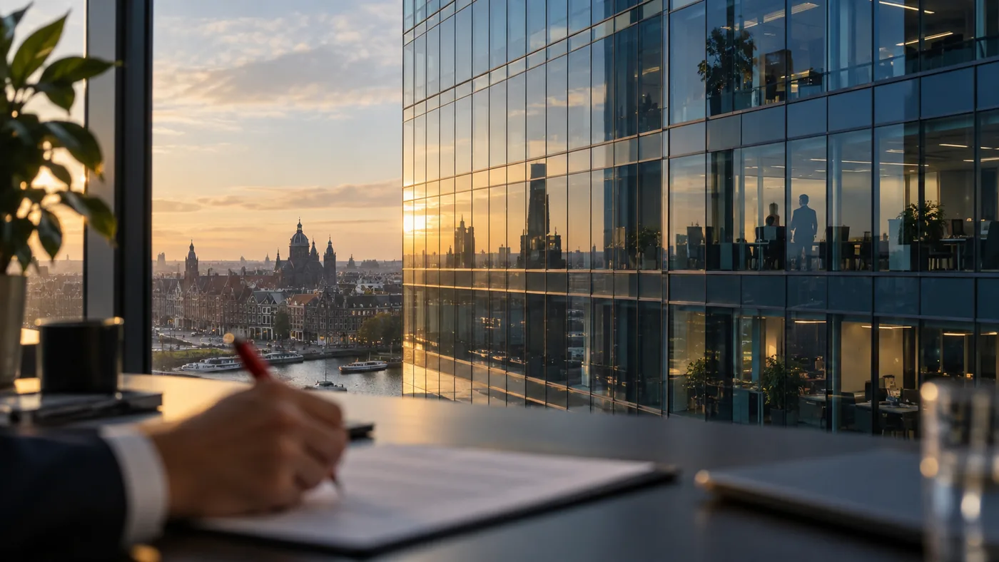 Amsterdam office skyline reflected in glass, with a hand signing a legal document — EU Responsible Person representation