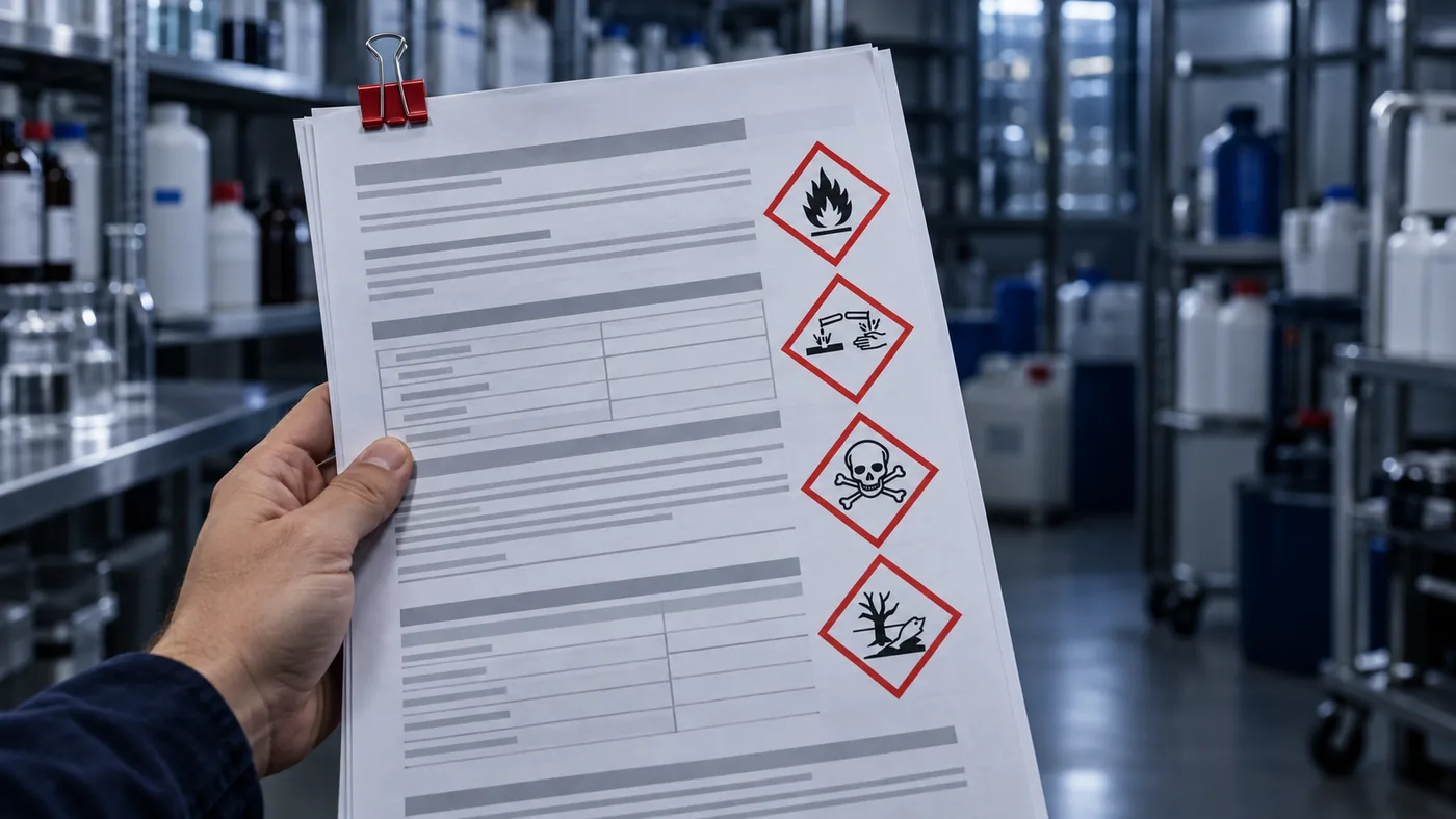 Warehouse worker reviewing a document with hazard pictogram outlines, next to chemical containers — SDS compliance review